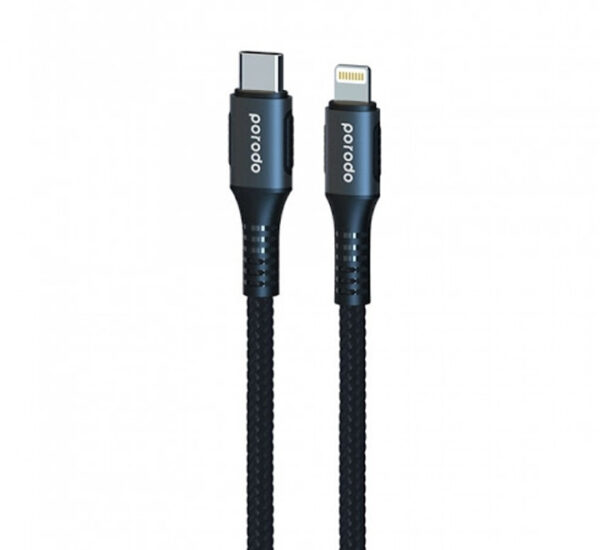 Porodo Braided & Aluminum Type-C to Lightning Cable 0.25M 3A – Black