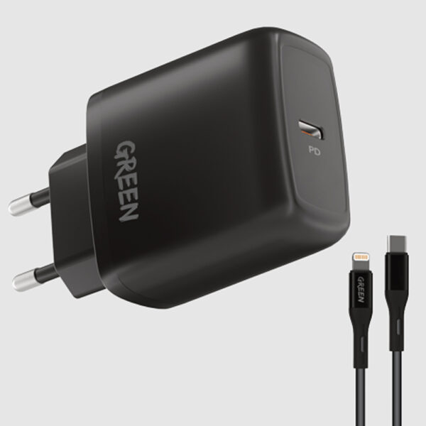 Green Lion Type-C Port Wall Charger 20W EU with Type-C to Lightning Cable 1.2M – Black