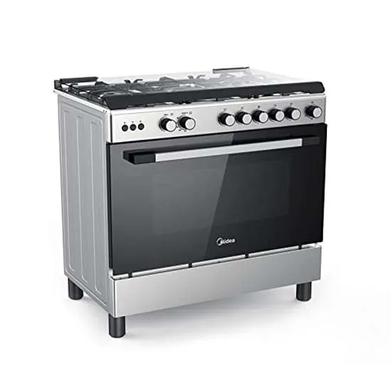 Midea Gas Cooker 5 Burner 90 x 60cm Silver Oven + Grill Inox Industrial