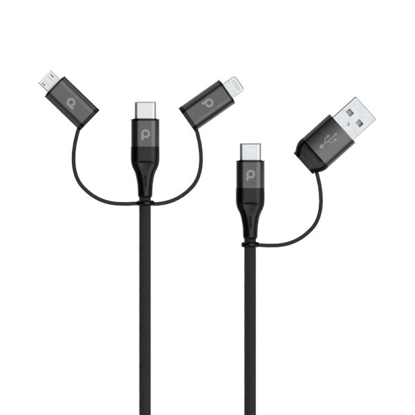 Porodo All in One Aluminum Braided Cable 1.2M 2.4A ( Lightning / Micro USB / Type-C / USB-A ) – Black