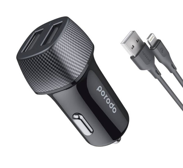 Porodo Dual Port Car Charger 3.4A with Lightning Cable 0.9m