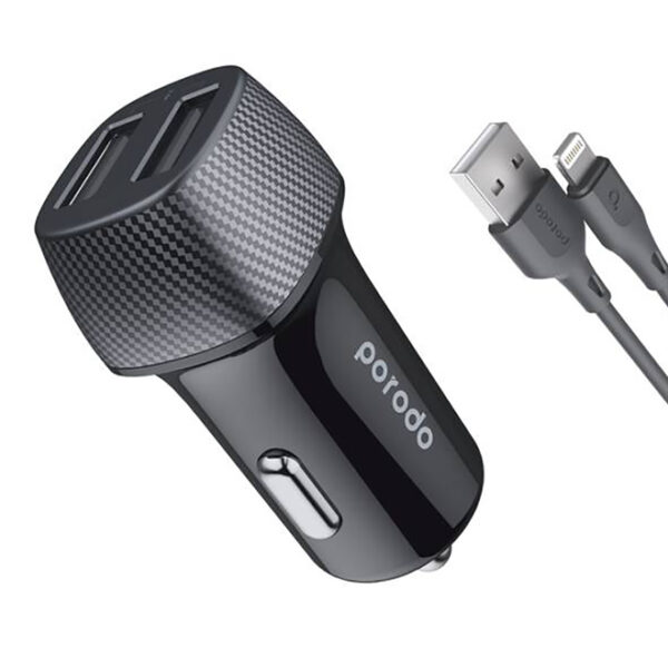Porodo Dual Port Car Charger 3.4A with Lightning Cable 0.9m