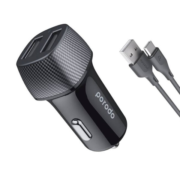 Porodo Dual Port Car Charger 3.4A with Type-C Cable 0.9m